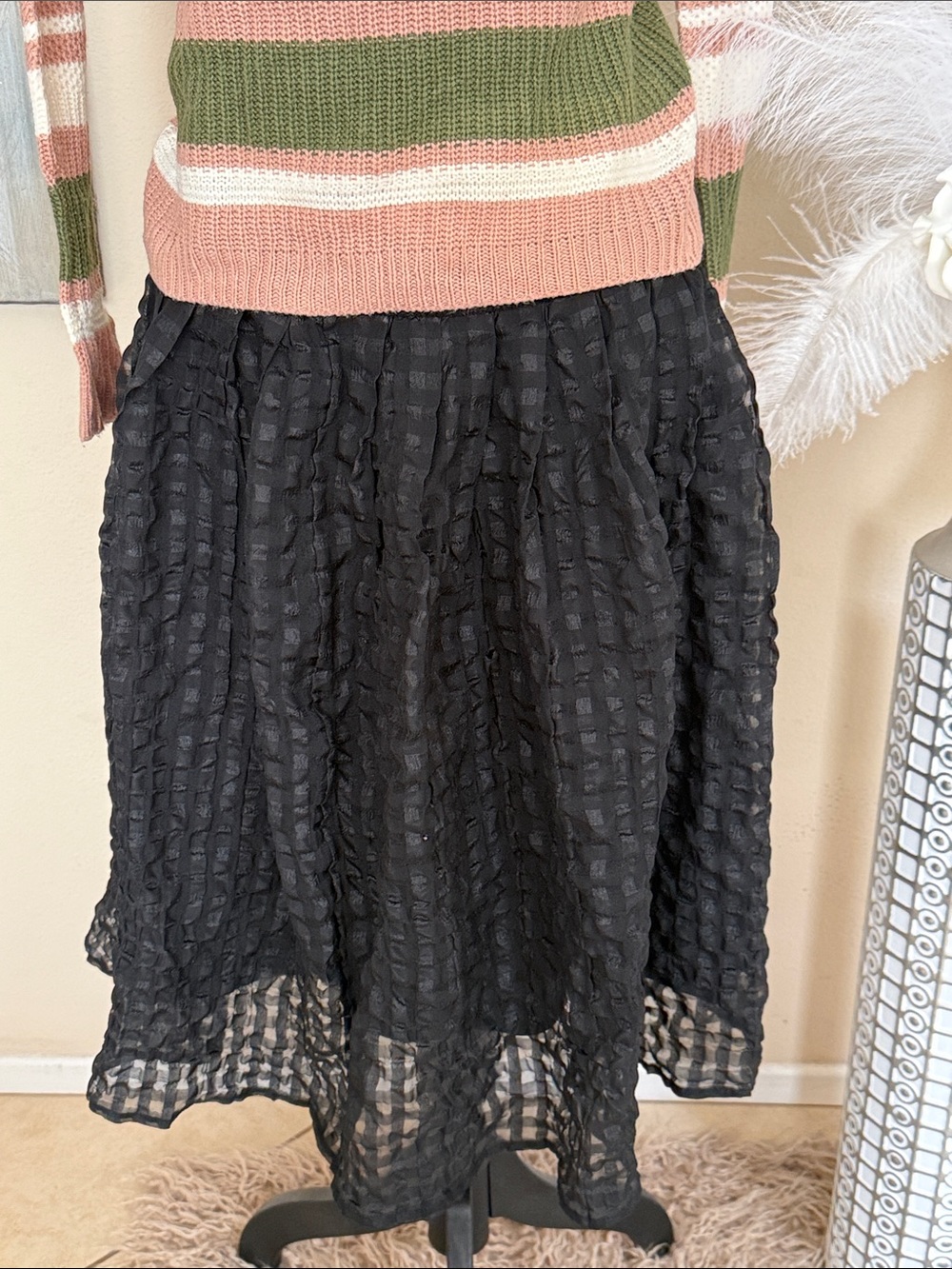 Elle Black Textured A-Line Midi Skirt